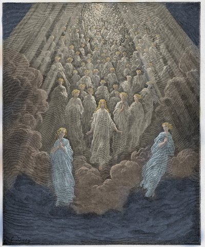 Paradiso, Canto 5: La schiera di miriadi di anime luminose nel secondo regno (illustrazione dalla Divina Commedia di Dante Alighieri, 1885) da Gustave after Dore
